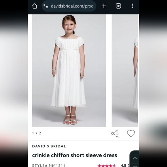 David's Bridal Flower Girl Dress, Crinkle Chiffon, Short Sleeve, Ivory, … - Picture 12 of 13